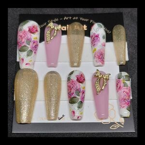 4/$40 ***Summer Sale***Floral and Glitter Handmade Hard Gel Press-On Nails